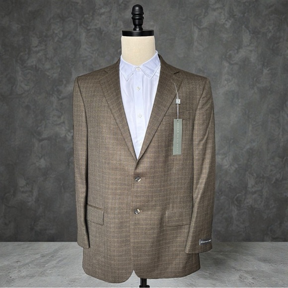 Oscar De La Renta Brown slight plaid 100% wool notched lapels blazer44L